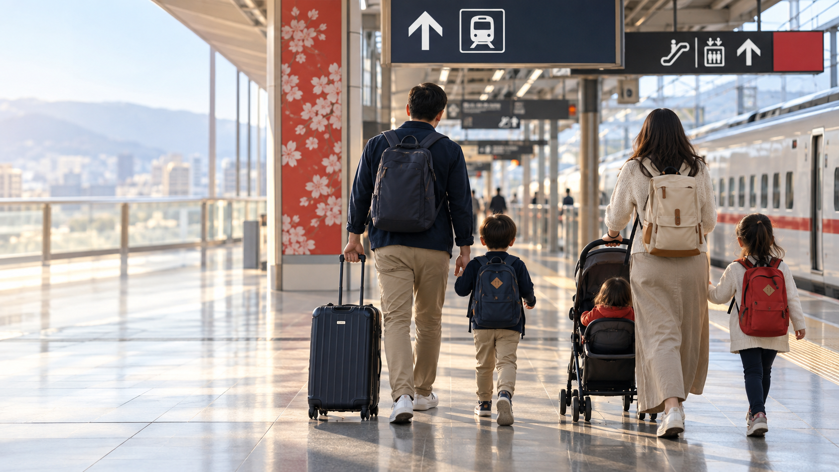 Editorial image of a family of five walking toward a Japanese train platform, seen from behind